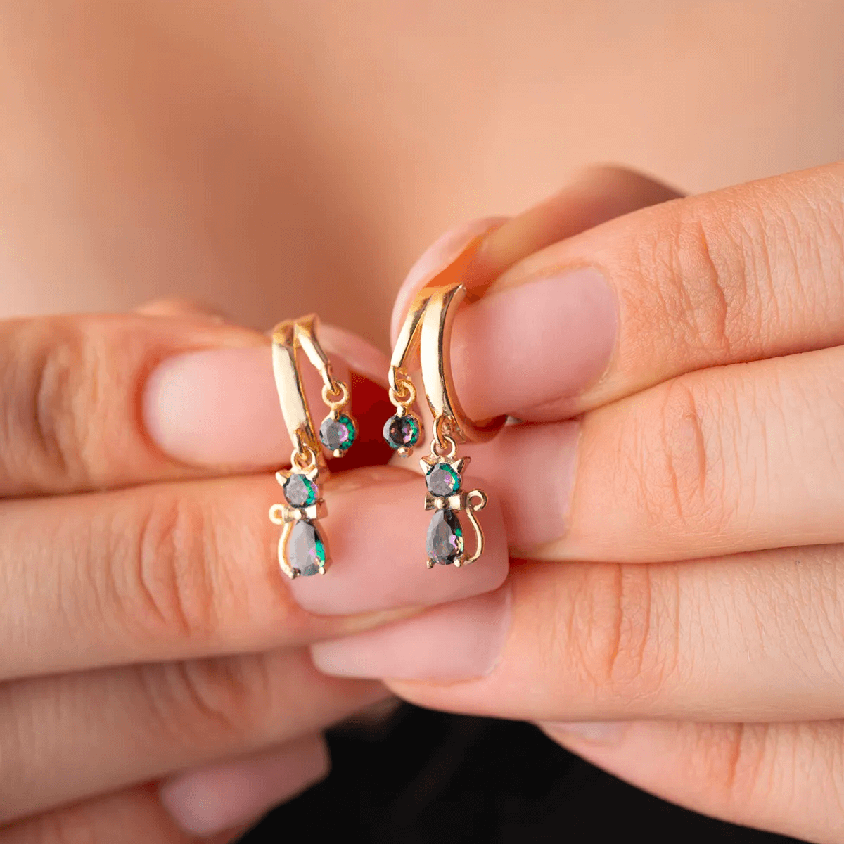 Cat Earrings 925 Sterling Silver Dangling Huggie Hoops - Image 3