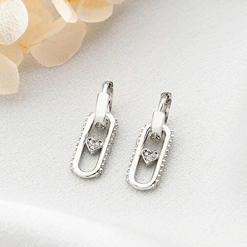 Dangle Heart with Zircon Huggie Hoops Silver Earrings - Image 3