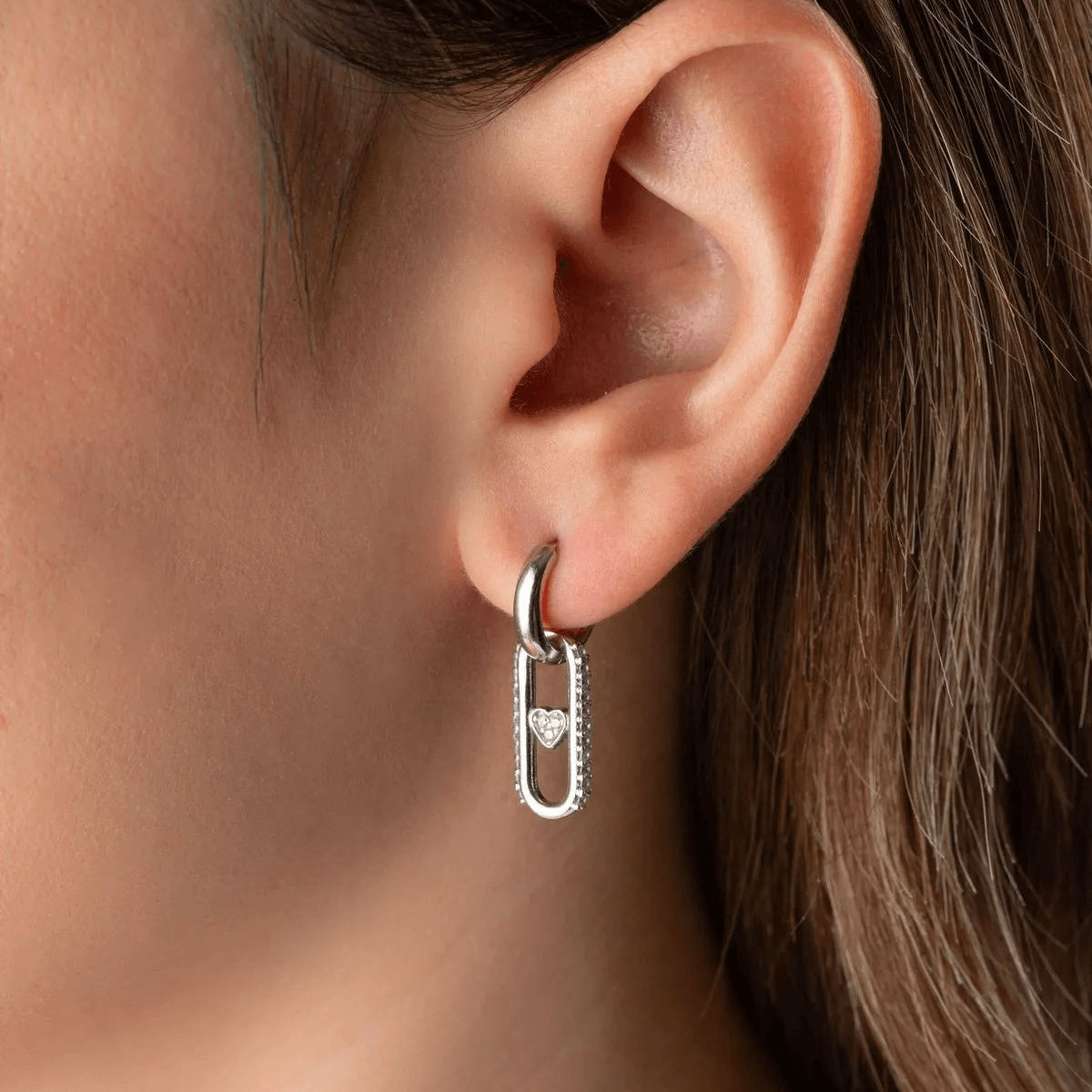 Dangle Heart with Zircon Huggie Hoops Silver Earrings - Image 4