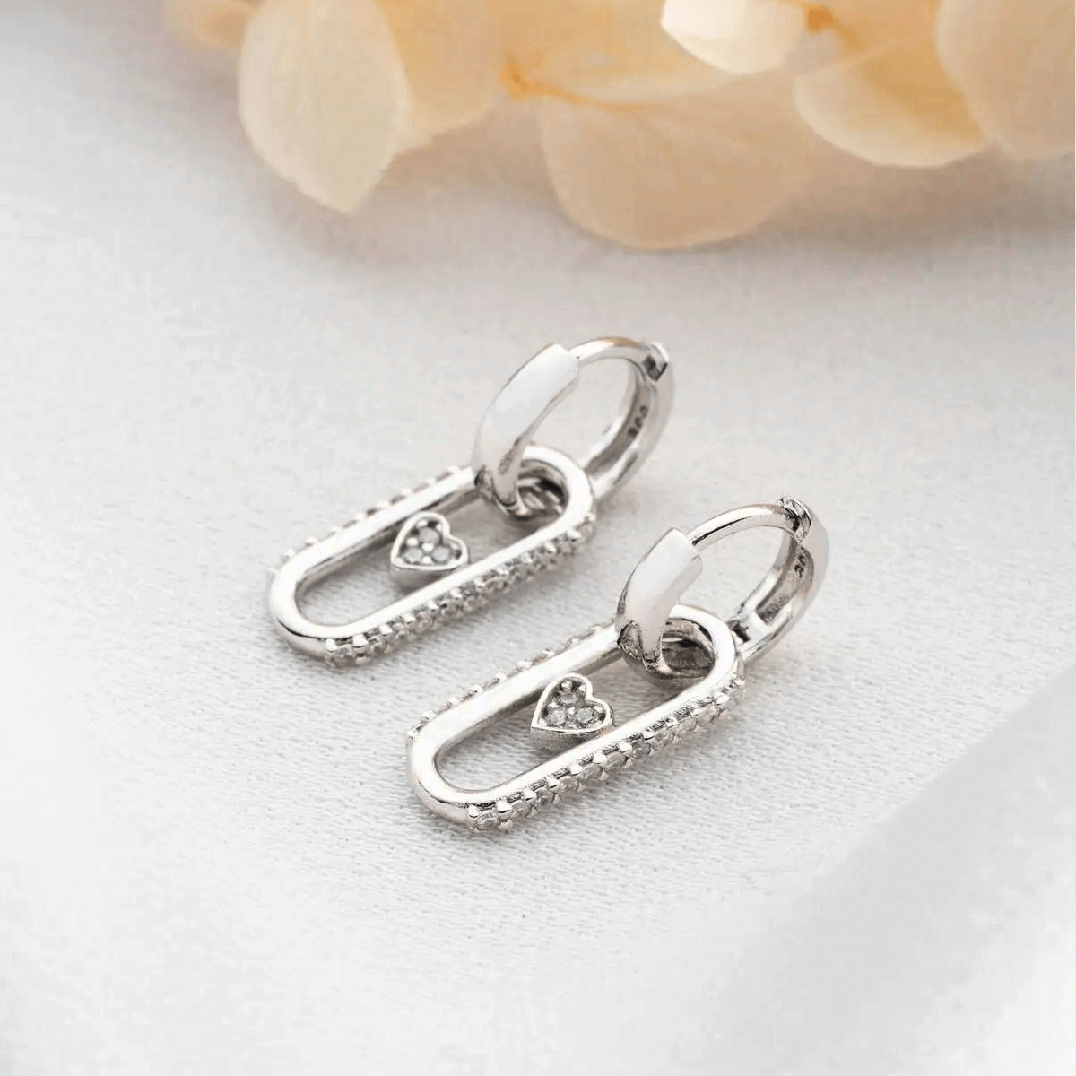 Dangle Heart with Zircon Huggie Hoops Silver Earrings - Image 2